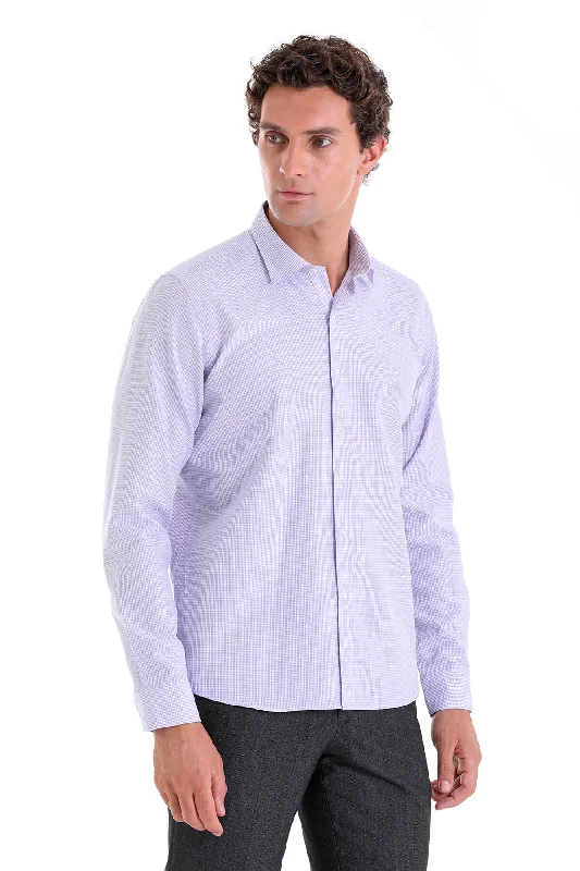 Comfort Fit Pin Check Cotton Blend Lilac Casual Shirt Casual Men's Japanese 