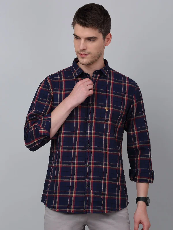 Men's Navy Blue Casual Big Checks Full Sleeve Shirt Bohemian Men's Free