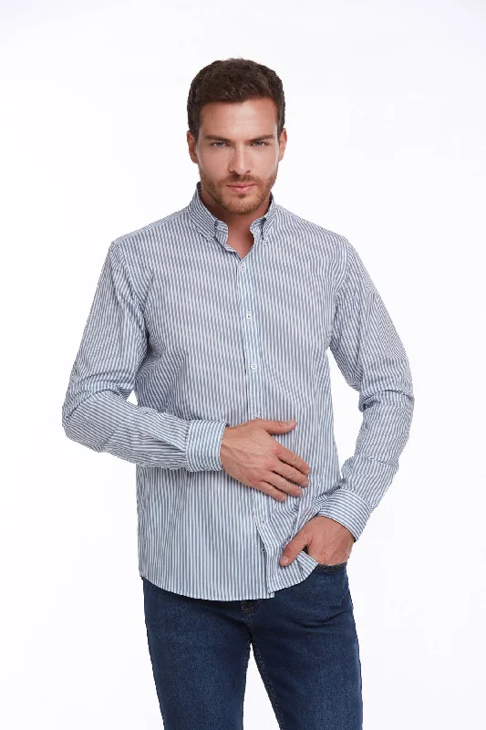 Comfort Fit Long Sleeve Striped Cotton Blue Casual Shirt Athletic Men's High