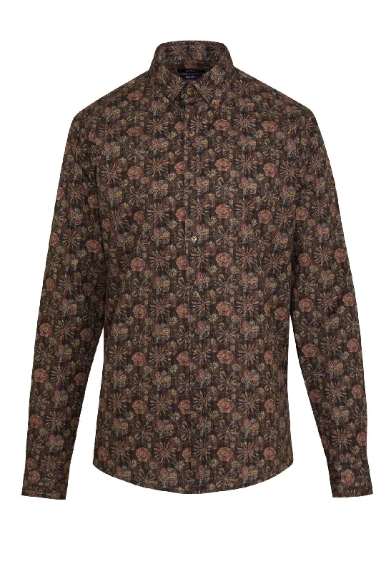 Comfort Fit Floral Long Sleeve Cotton Brown Casual Shirt Cclassic Men's Tweed