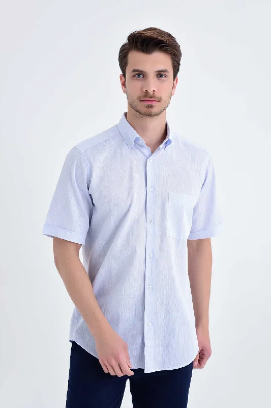 Regular Fit Linen & Cotton Blend Ice Blue Casual Shirt Sophisticated Men's French