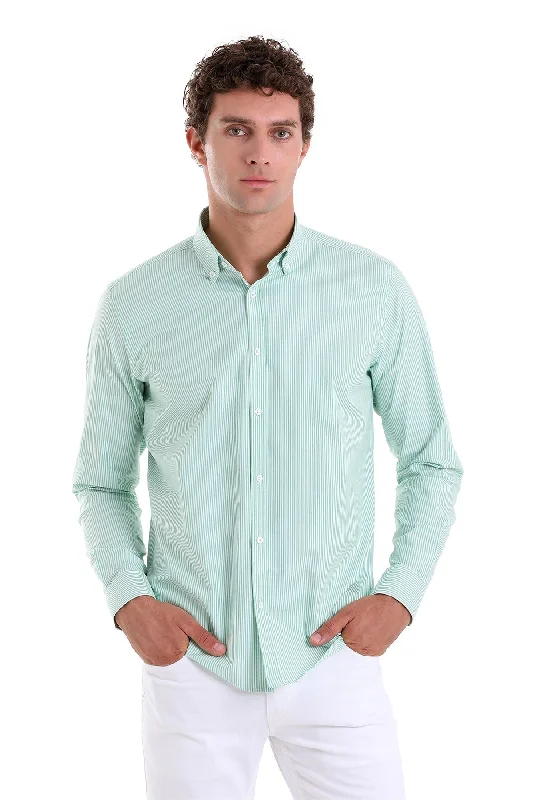 Slim Fit Long Sleeve Striped Cotton Blend Green Casual Shirt Modern Men's 