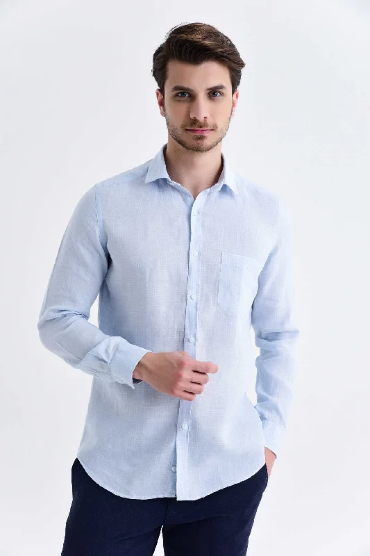 Slim Fit Long Sleeve Pin Check Linen Light Blue Casual Shirt Beach