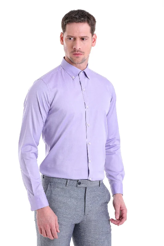 Comfort Fit Long Sleeve Cotton Purple Casual Shirt Casual Men's Short