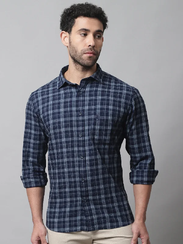 Men's Navy Blue Casual Medium Checks Full Sleeve Shirt Stylish Men's Tropical 