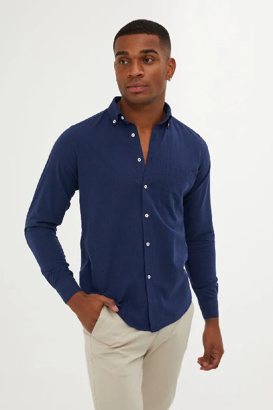 Slim Fit Button-Down Long Sleeve Cotton Navy Casual Shirt Traditional Men's Wool