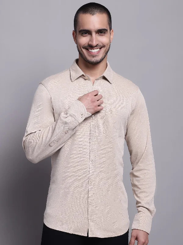 Men's Beige Casual Knit Self Textured Full Sleeve Shirt Monochromatic All