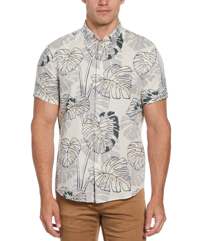 Tua X Perry Ellis Collaboration Bold Leaf Linen Blend Print Shirt Sleek Men's Contemporary 