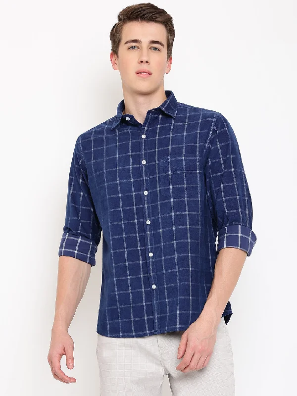 Men's Navy Blue Casual Medium Checks Print Corduroy Full Sleeve Shirt Dynamic Men's Moto