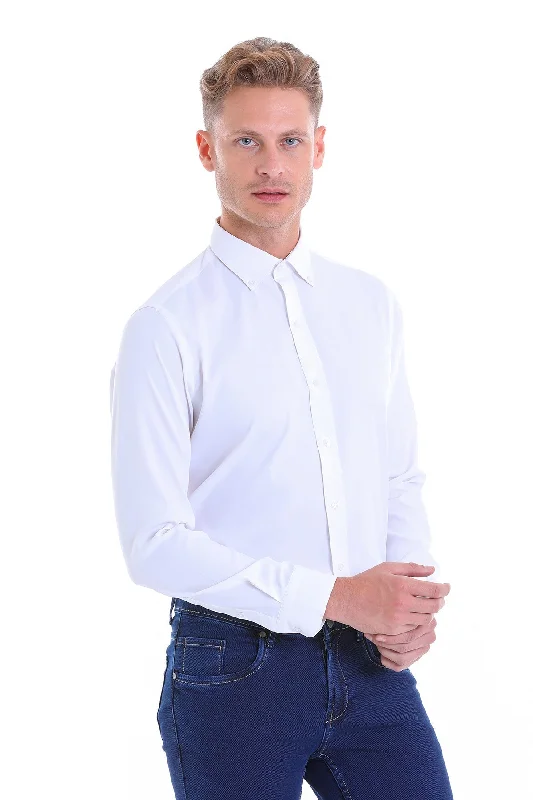 Comfort Fit Long Sleeve White Casual Shirt Laid