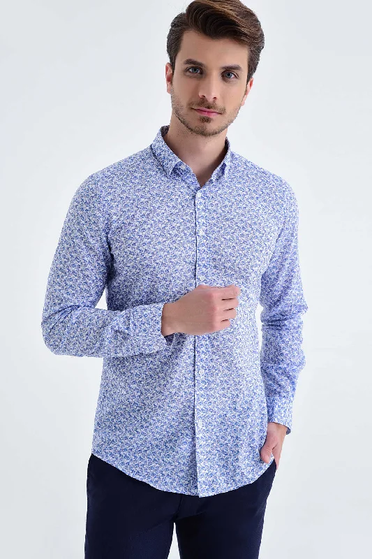 Slim Fit Long Sleeve Floral Printed Cotton Blue Casual Shirt Sleek Men's Metallic