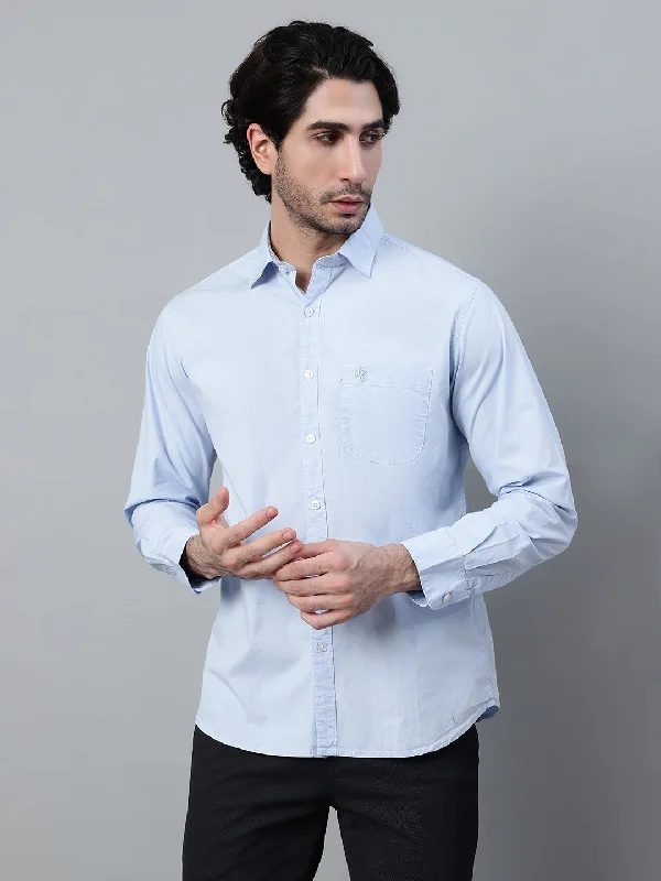 Men's Light Blue Casual Plain Stretch Full Sleeve Shirt Street