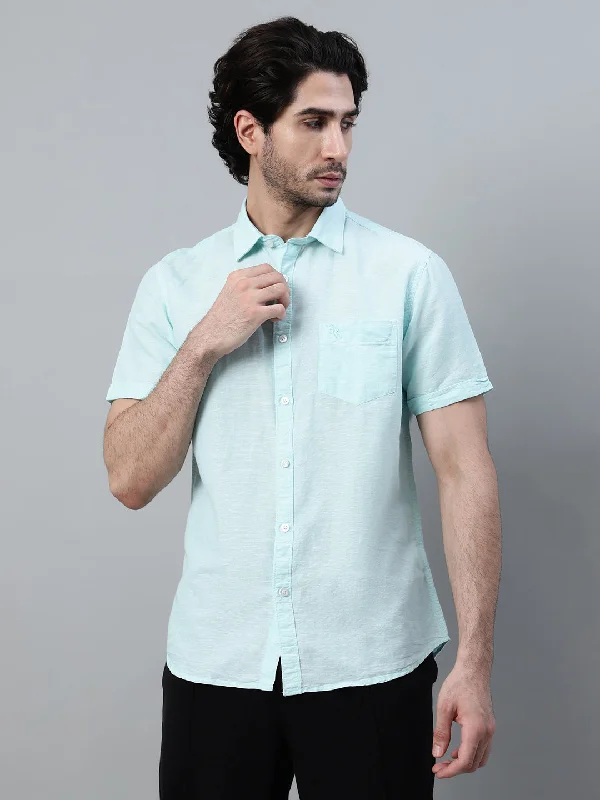 Men's Mint Blue Casual Plain Half Sleeve Shirt Business