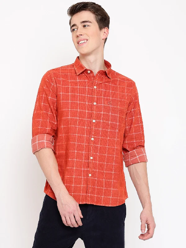 Men's Bright Red Casual Medium Checks Print Corduroy Full Sleeve Shirt Dynamic Men's High