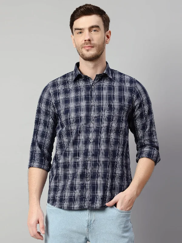 Men's Navy Blue Casual Medium Checks Full Sleeve Shirt Modern Men's 