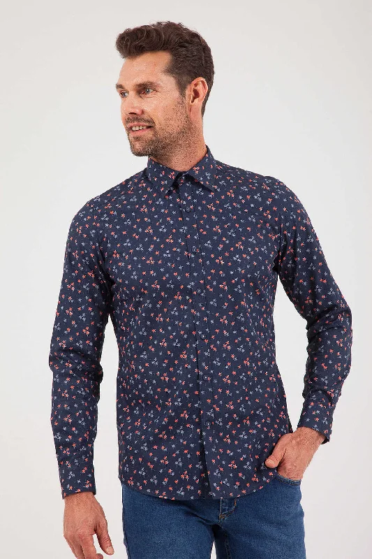 Slim Fit Long Sleeve Cotton Floral Navy Casual Shirt Vacation