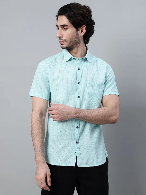 Men's Mint Green Casual Thin Stripe Half Sleeve Shirt Cool Men's Distressed