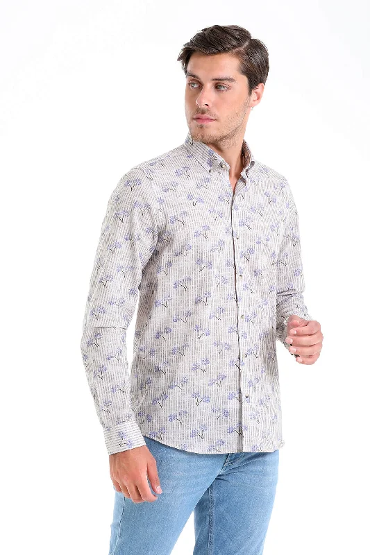 Comfort Fit Palm Tree Printed Cotton Beige Casual Shirt Laid