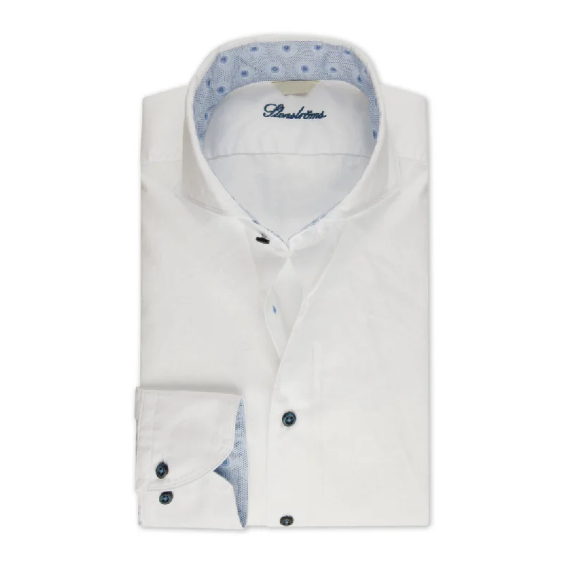 White Contrast Trim Cotton Twill Fitted Body Shirt Minimalist Men's Casual 