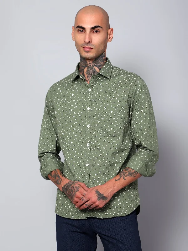 Men's Light Green Casual Floral Ditsy Print Full Sleeve Shirt Tough Men's Military