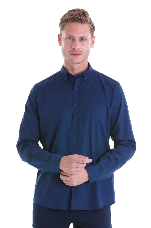 Comfort Fit Button-Down Collar Cotton Navy Casual Shirt Sleek Men's Contemporary 