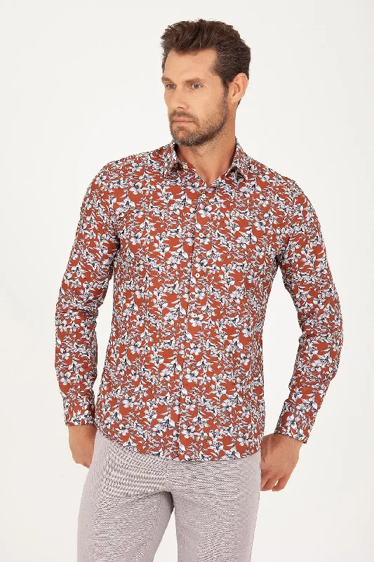 Slim Fit Printed Cotton Brown Floral Casual Shirt Polished Men's Silk