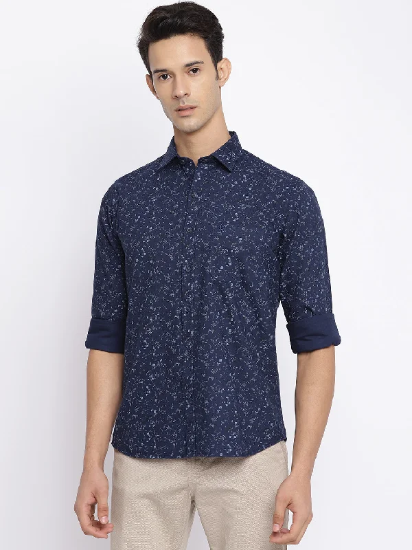 Men's Navy Blue Casual Floral Print Full Sleeve Shirt Modern Men's Tech