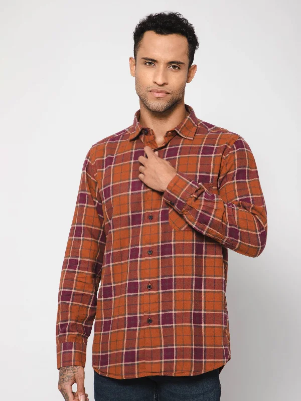 Men's Rust  Casual Brushed Big Checks Full Sleeve Shirt Bohemian Men's Free