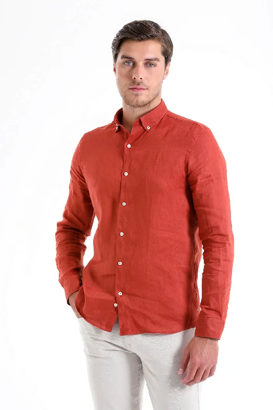 Comfort Fit Long Sleeve Linen Brick Casual Shirt Stylish Men's Neon