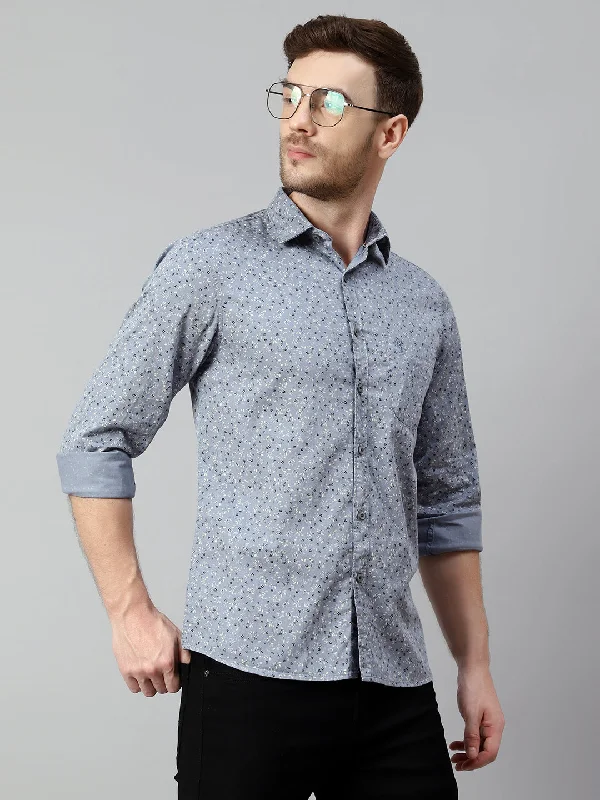 Men's Light Grey Casual Floral Print Full Sleeve Shirt Street