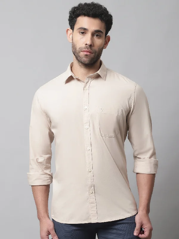 Men's Beige Casual Plain Stretch Full Sleeve Shirt Trendy Men's Bucket