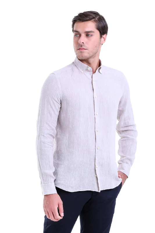 Comfort Fit Long Sleeve Linen Beige Casual Shirt Modern Men's Geometric