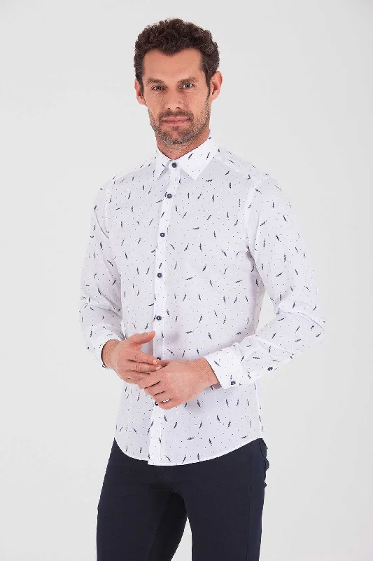 Slim Fit Floral Dot Printed Cotton Navy Casual Shirt Cozy Men's Winter