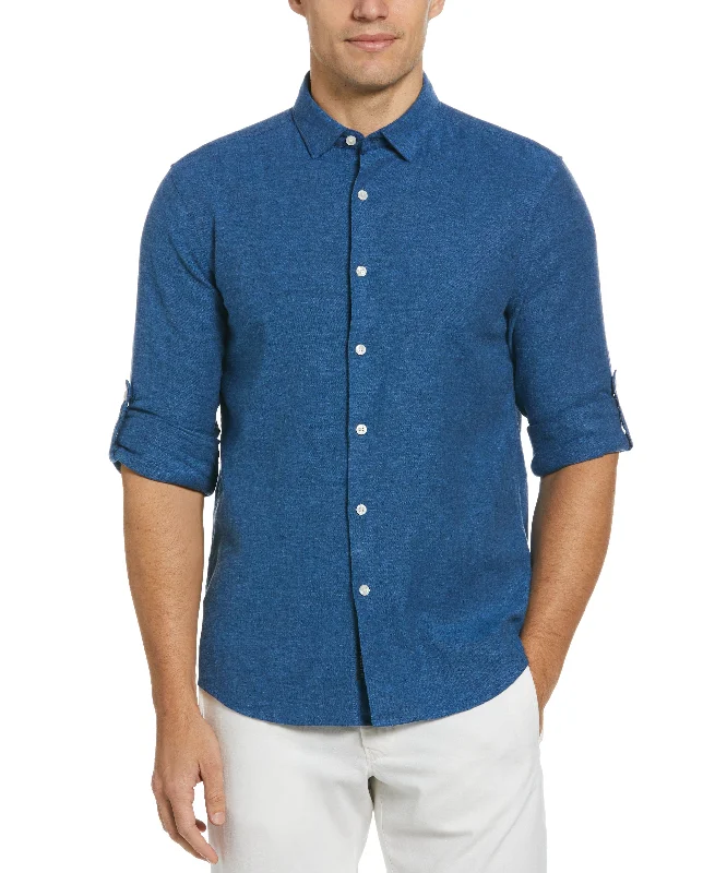 Untucked Slim Fit Linen Blend Rolled Sleeve Shirt - Blue Hip Men's Urban