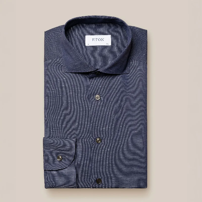 Navy Blue Solid Cotton-Linen Slim Fit Shirt - ETON Organic