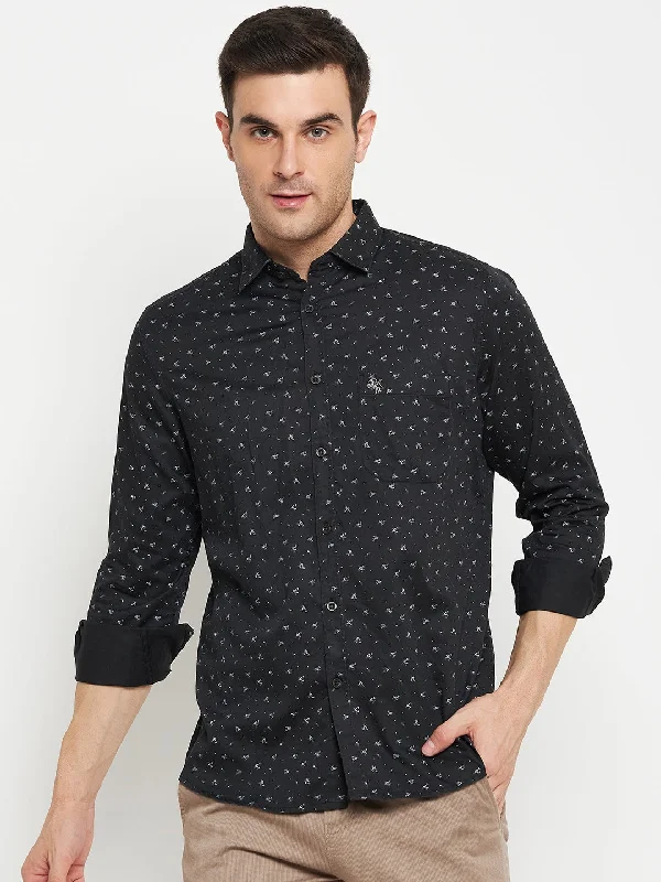 Men's Black Casual Floral Ditsy Print Full Sleeve Shirt Monochromatic All