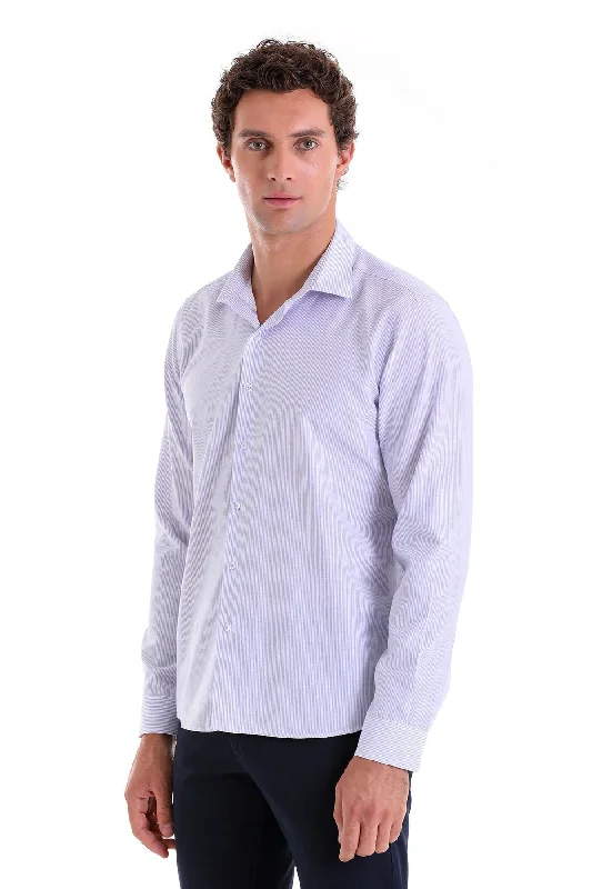 Comfort Fit Striped Cotton Blend Lilac Casual Shirt Sharp Men's Italian