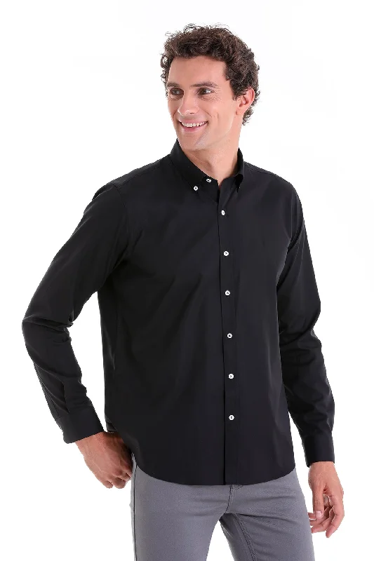 Comfort Fit Plain Button-Down Cotton Black Casual Shirt Adventure