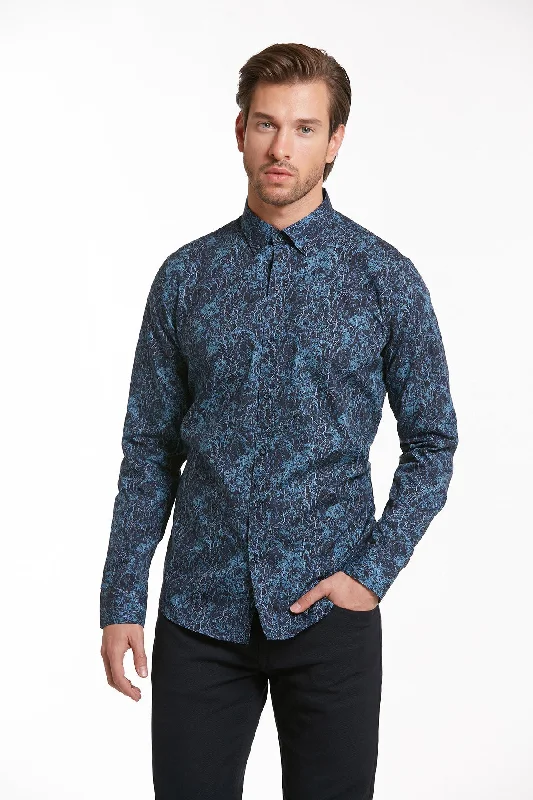 Comfort Fit Brush Stroke Printed Cotton Navy Casual Shirt Unique Men's Patch