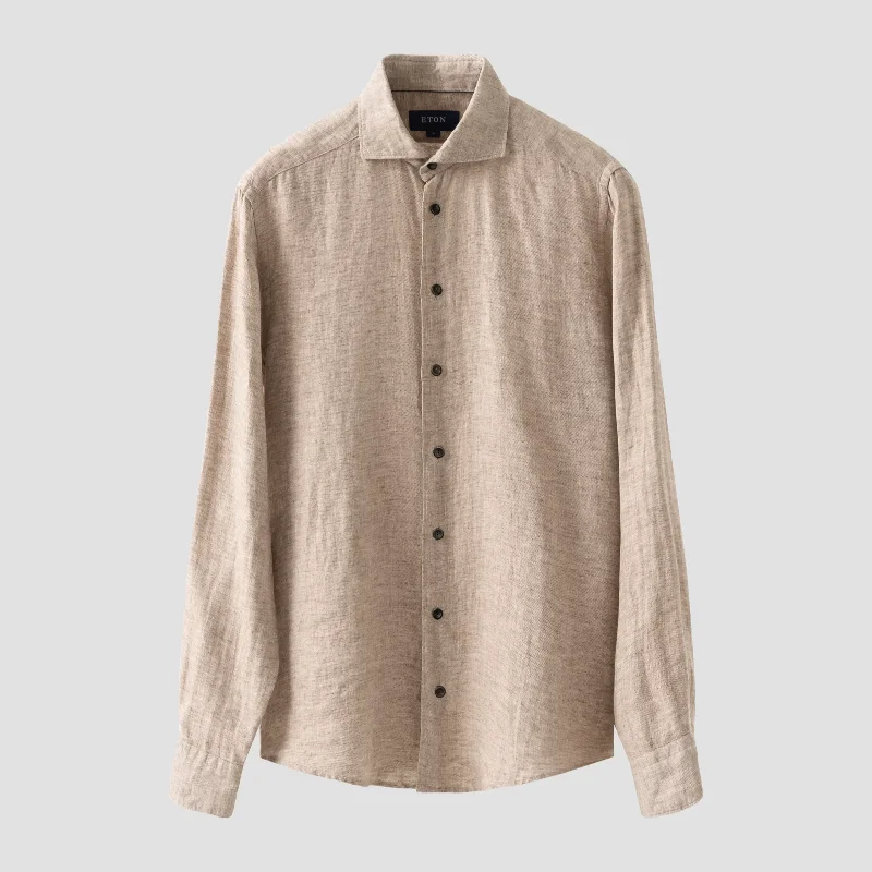 Brown Solid Linen Twill Slim Fit Shirt - ETON Masculine Men's 