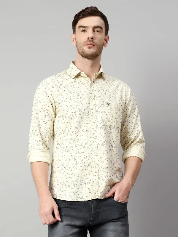 Men's Ecru Casual Floral Print Full Sleeve Shirt Polished Men's Silk