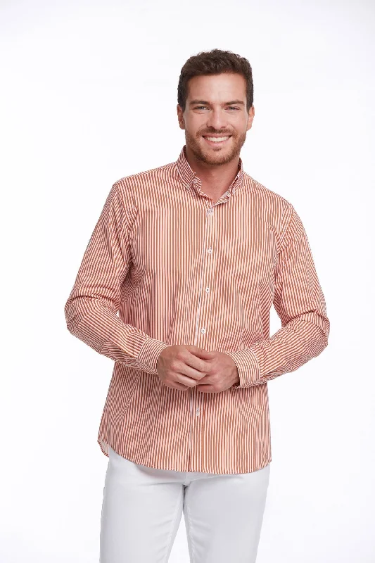 Comfort Fit Long Sleeve Striped Cotton Brick Casual Shirt Unique Men's Upcycled