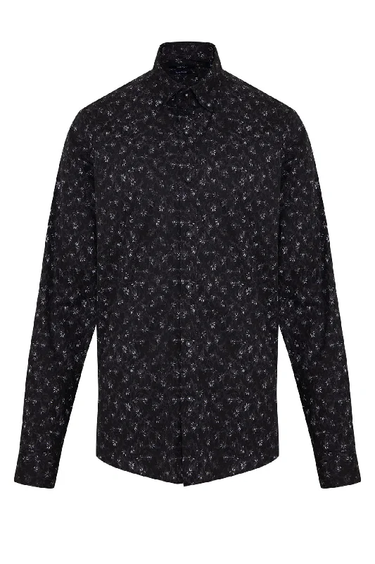 Comfort Fit Floral Printed Cotton Black Casual Shirt Practical Men's Multi