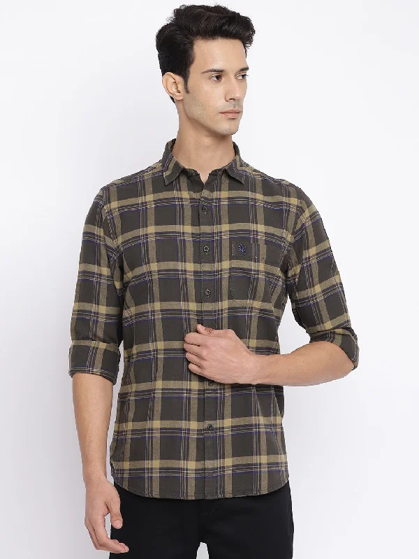 Men's Olive Green Casual Big Checks Full Sleeve Shirt Edgy Men's Punk