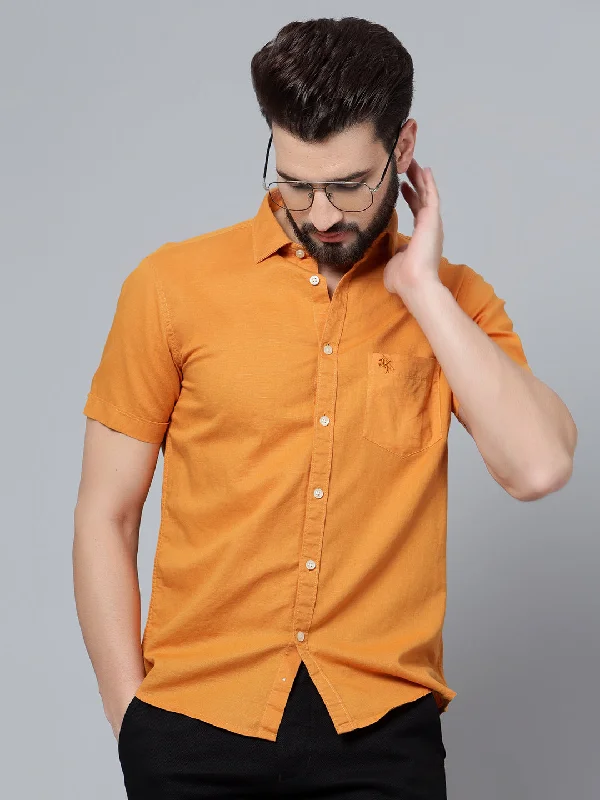 Men's Mustard Casual Plain Half Sleeve Shirt Preppy Men's College