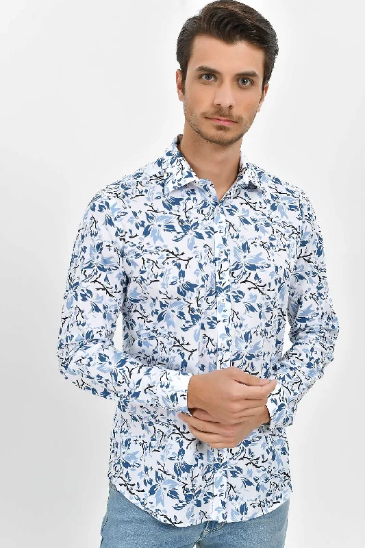 Slim Fit Blue Floral Printed Cotton Casual Shirt Monochromatic All