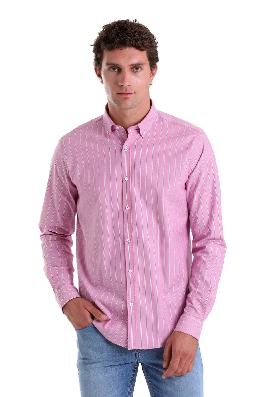 Slim Fit Long Sleeve Striped Cotton Blend Pink Casual Shirt Earthy Men's Sustainable 