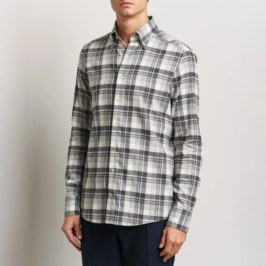 Blue & Gray Flannel Checked Fitted Body Shirt - Stenströms Masculine Men's Thick