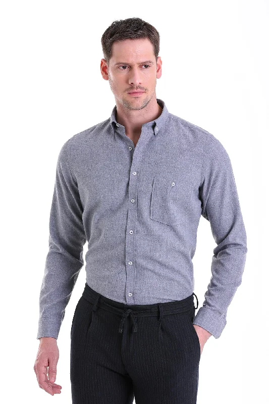 Comfort Fit Button-Down Cotton Blend Gray Casual Shirt Edgy Men's Punk