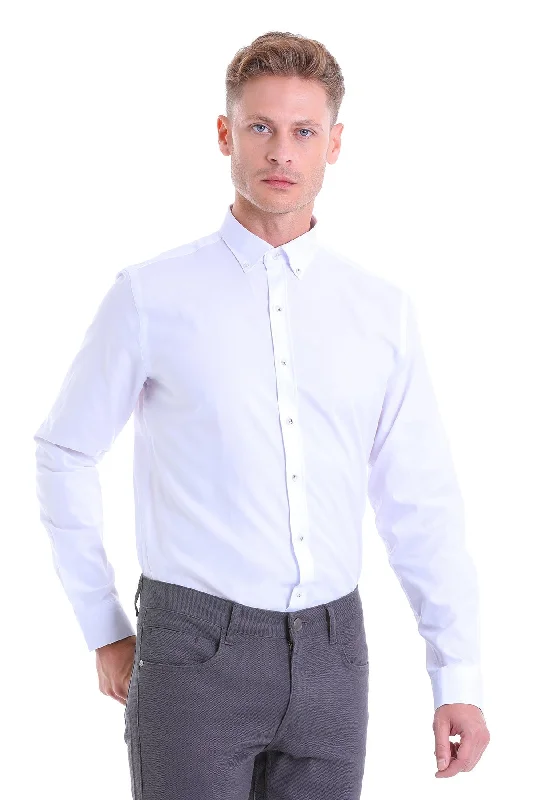 Comfort Fit Button-Down Collar Cotton White Casual Shirt Traditional Men's Country